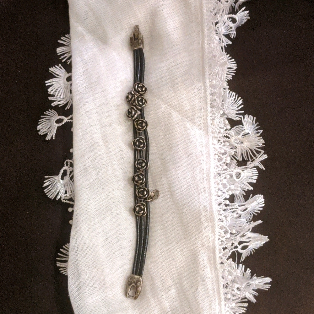 Silver & Black Cord Bracelet with Roses